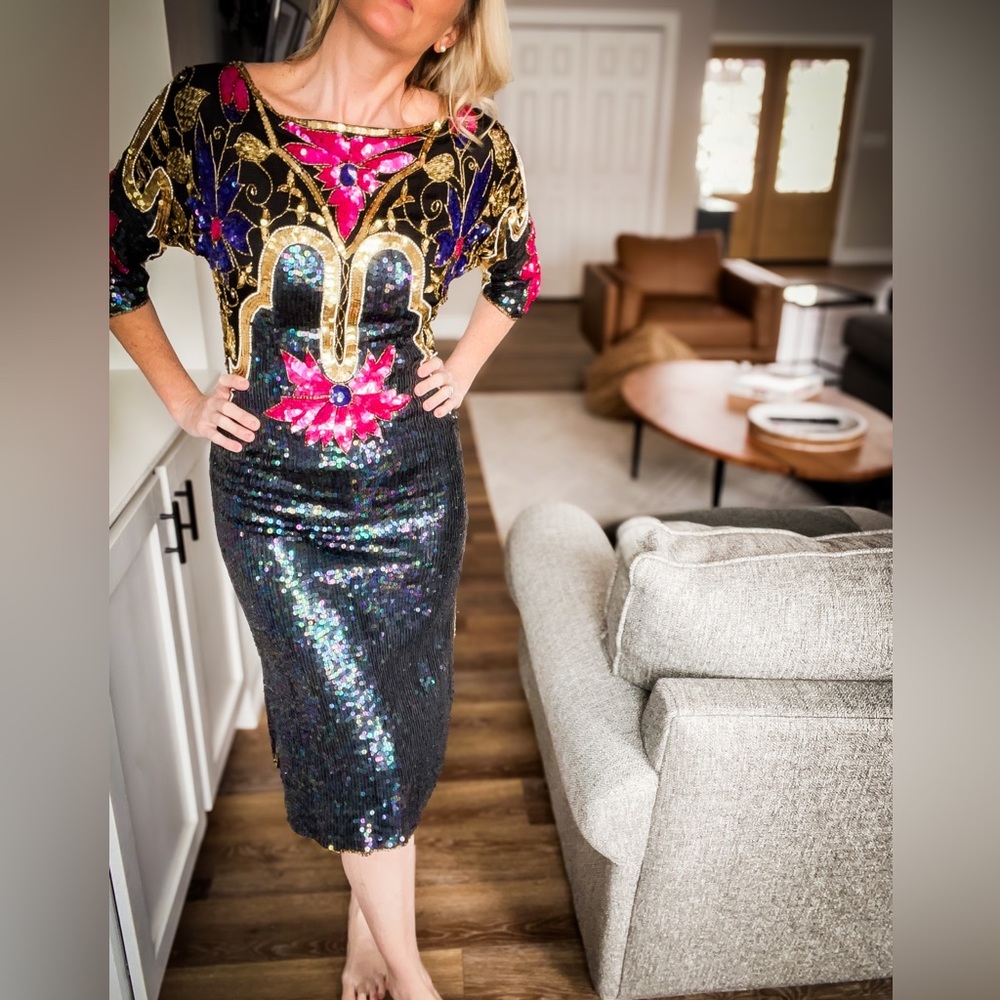 Vintage Black Sequin Midi Dress with Pink, Gold & Blue Embroidery